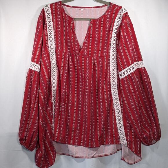 Boho Red Peasant Blouse XXL Tribal Print White Lace V-Neck Long Sleeve Top - Picture 7 of 12